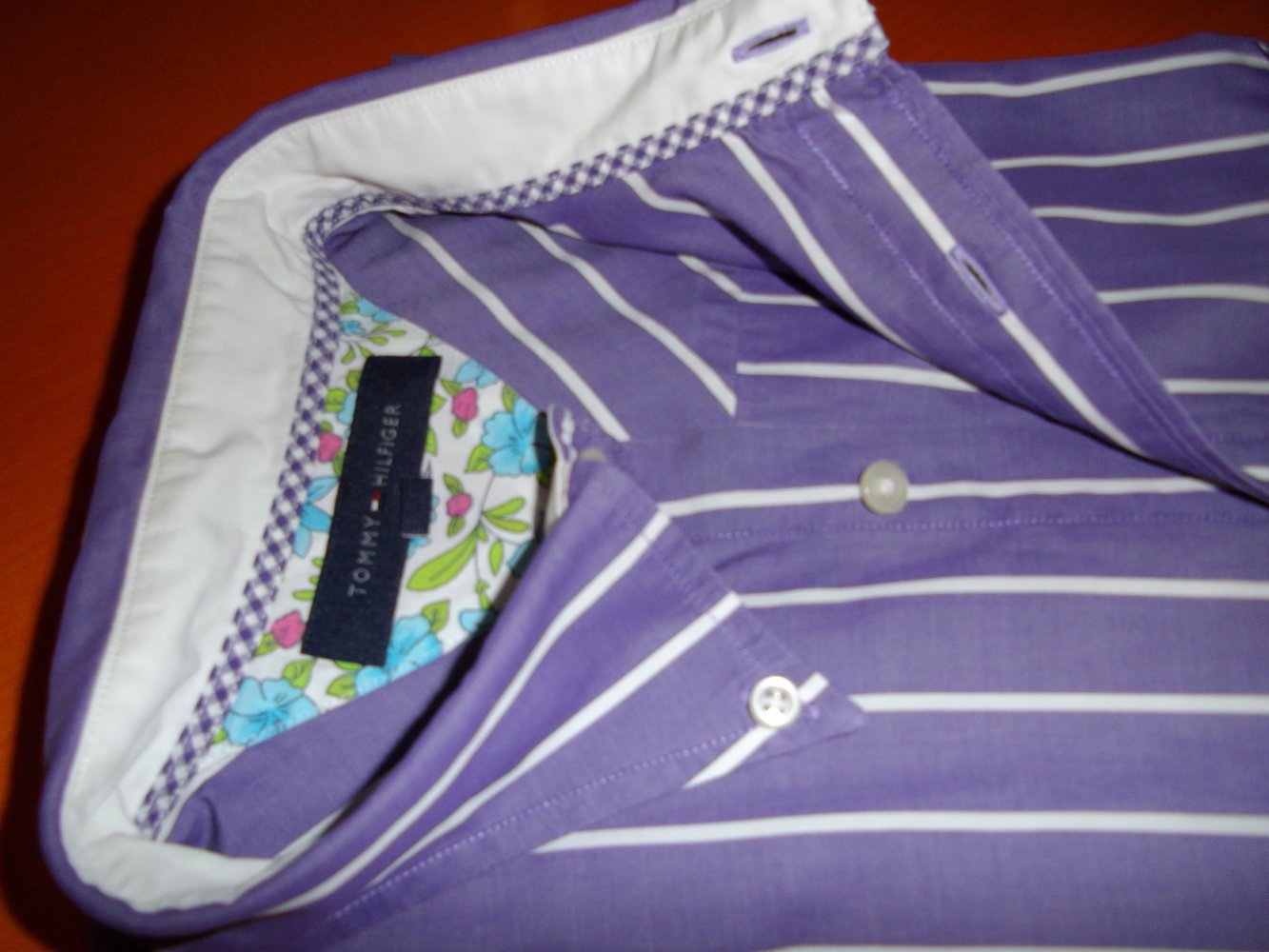 Tommy Hilfiger College Hemd lila weiß gestreift Kurzarm  in Gr.L