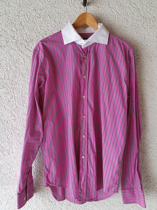 ZARA men Kontrastkragen Hemd pink weiß schwarz gestreift in Gr.XL 43-44cm Kragenweite