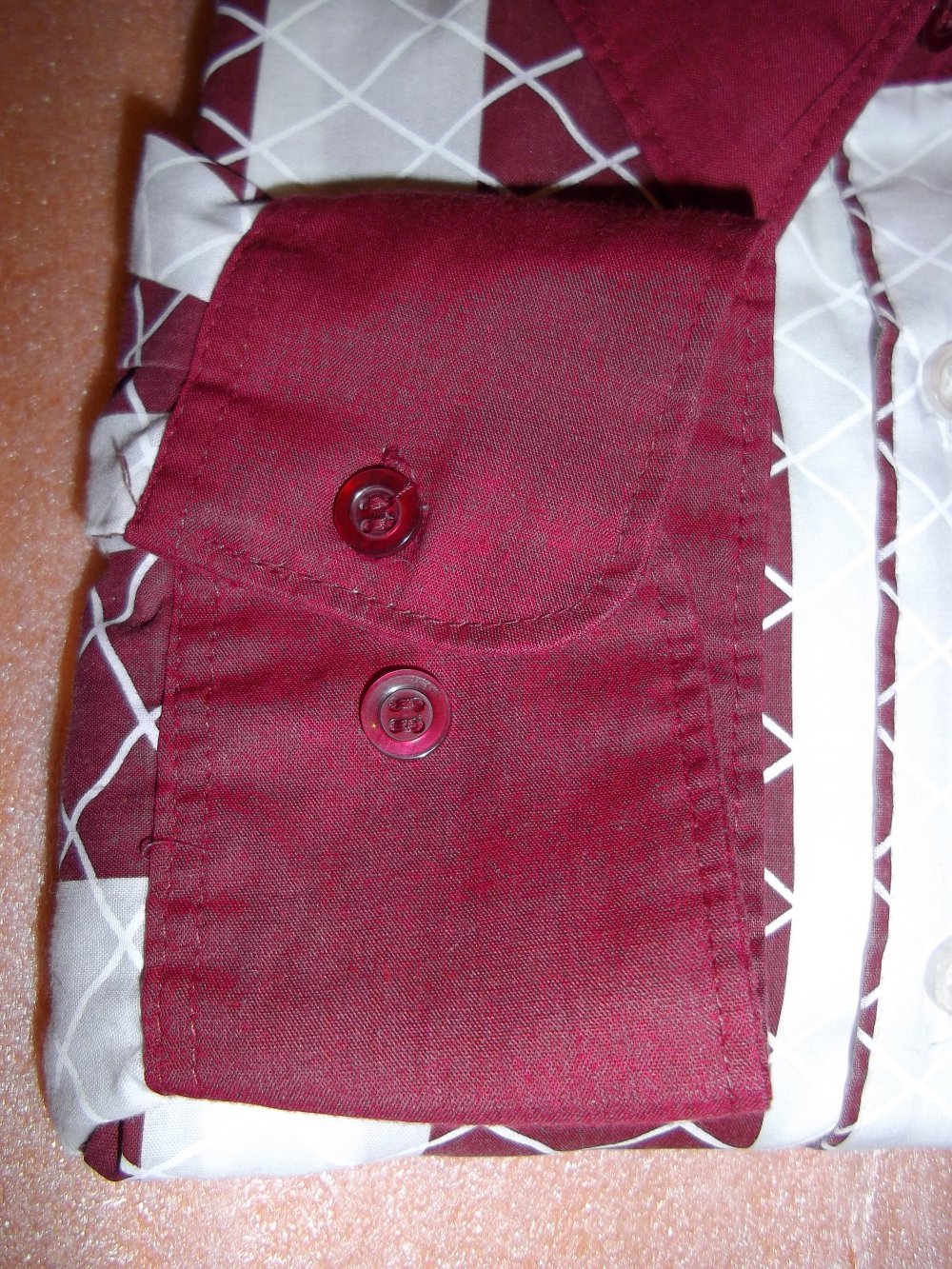 Raphaeli Italy Designer Goldlabel Hemd bordeauxrot weiß Streifen Rauten Kontrastkragen in Gr.XL 43cm Kragenweite