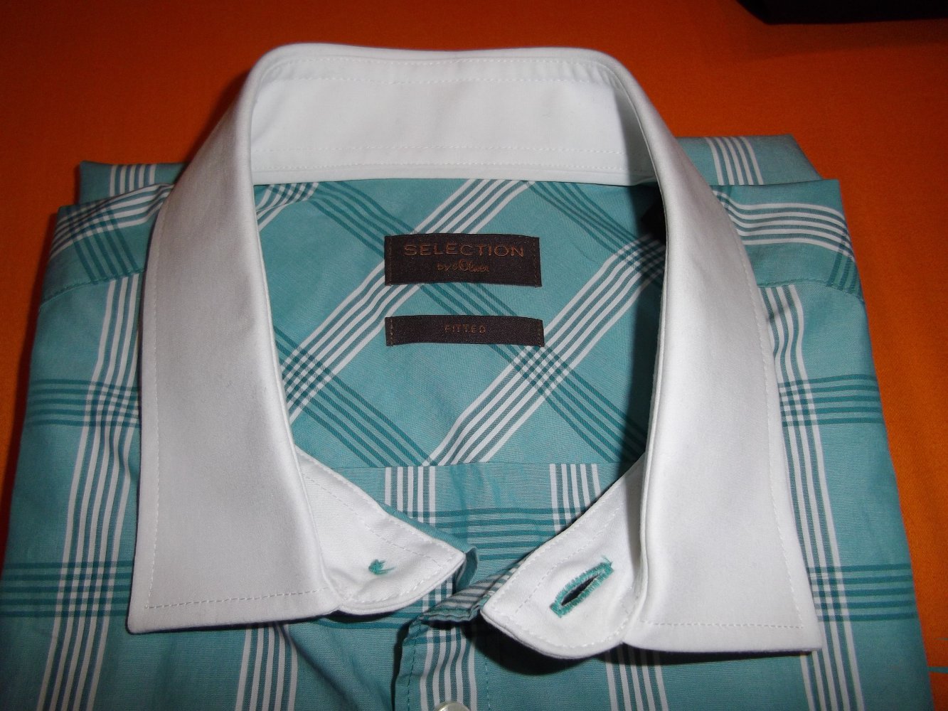 S.Oliver Selection Kontrastkragen Hemd türkis weiß kariert in Gr.M 40cm Kragenweite