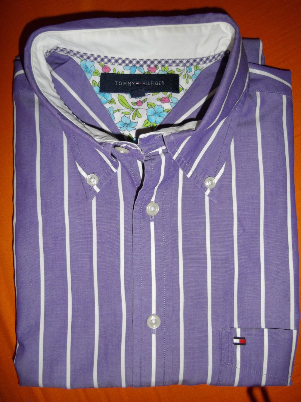 Tommy Hilfiger College Hemd lila weiß gestreift Kurzarm  in Gr.L