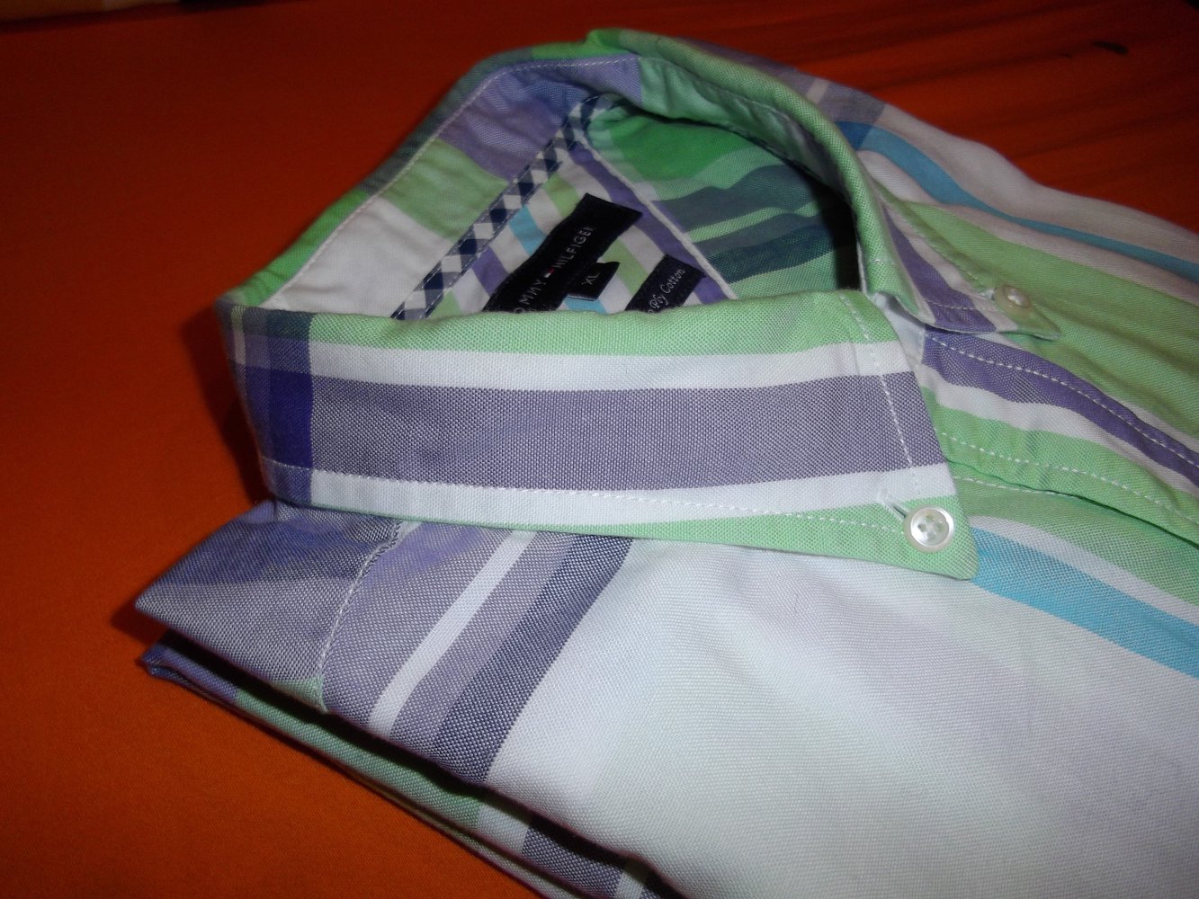 Tommy Hilfiger 80´s Two Ply Cotton Hemd lila türkis mintgrün weiß kariert in Gr.XL