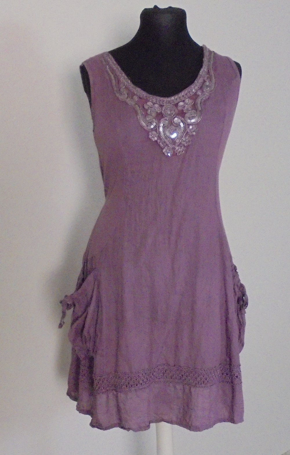 Ausgefallenes Leinenkleid, Lila, Einheitsgröße, Made in Italy