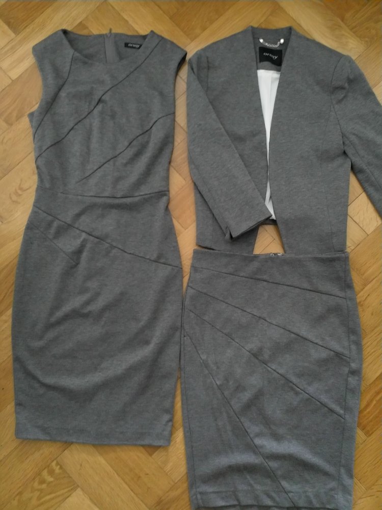 Kostüm NEU (Blazer, Kleid, Rock) grau - Größe 34/36