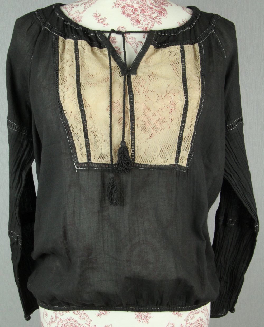 Langarmbluse bluse langarm Größe gr 38 schwarz beige grau Spitze Kordel Top Oberteil Gummizug netz transparent