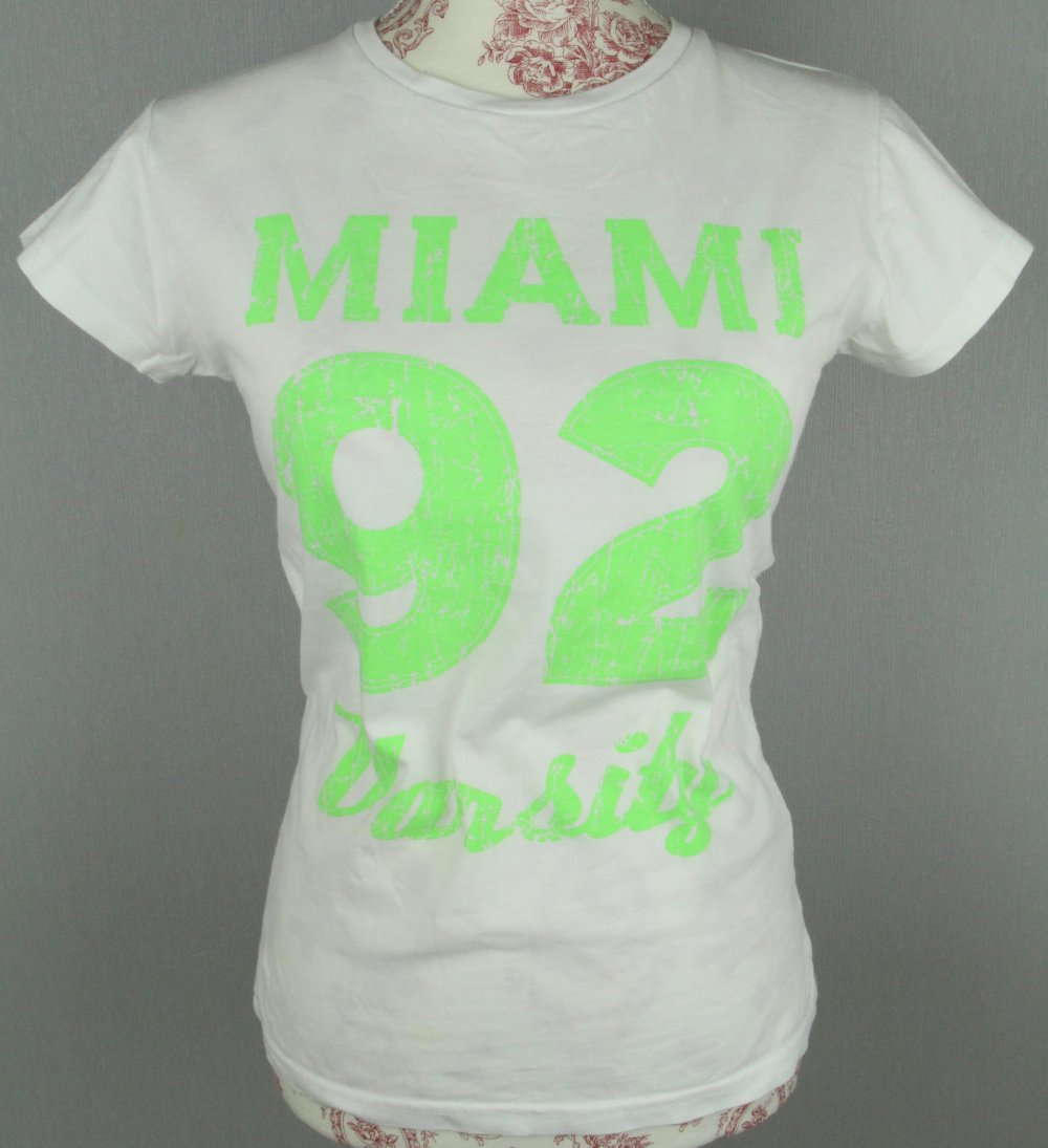 T-Shirt Shirt Tshirt weiß Print grün neongrün gr größe M 36 38 Miami 92 Oberteil Top