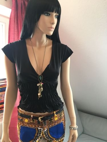 Schwarzes sexy Shirt mit Raffung körperbetont Gr. M / 38 tailliert