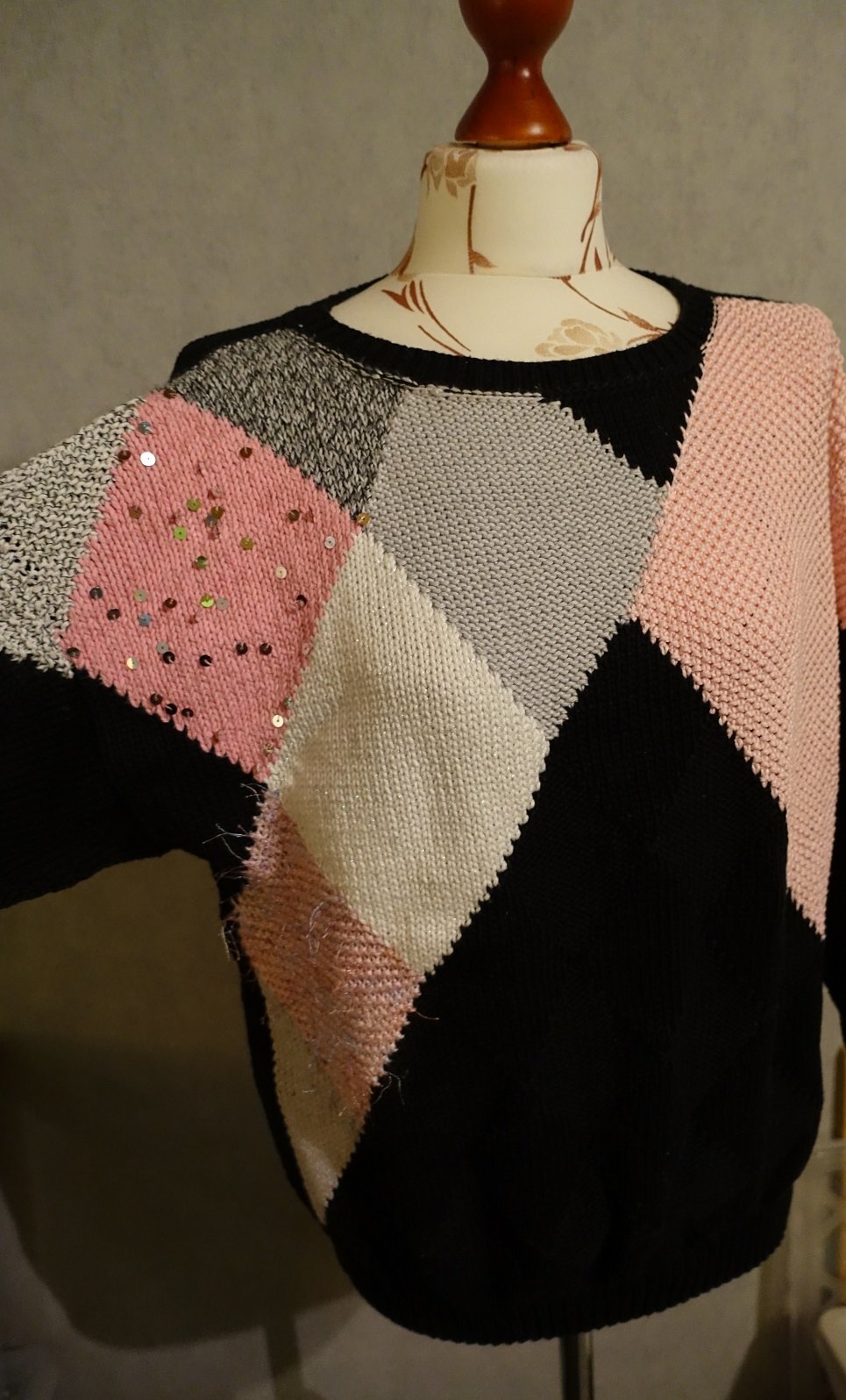 Handmade Damen Mustermix Rauten Strickpulli Pullover ca.44 schwarz rosa BW