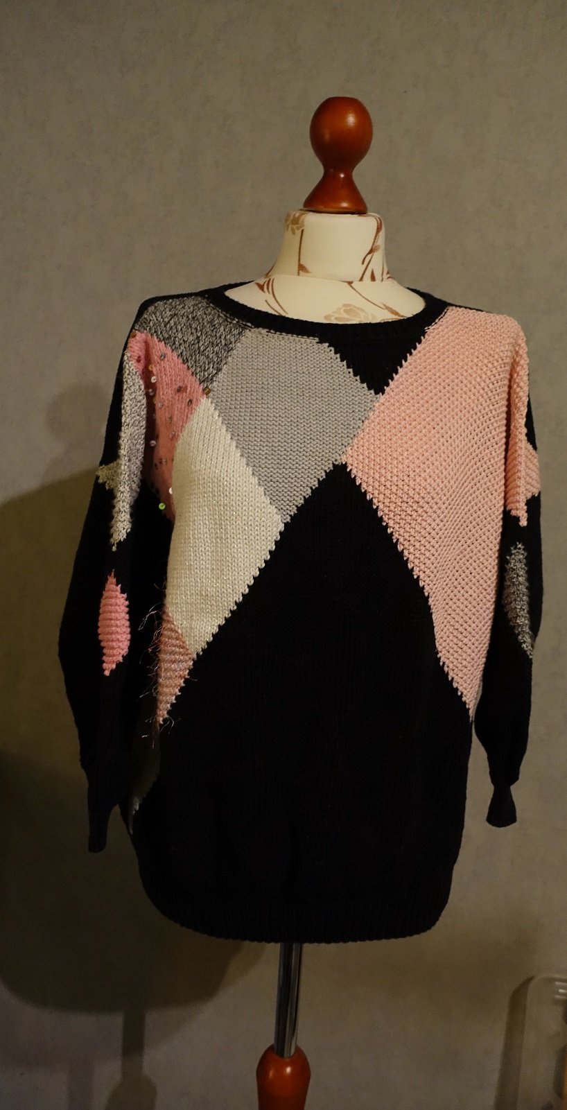 Handmade Damen Mustermix Rauten Strickpulli Pullover ca.44 schwarz rosa BW