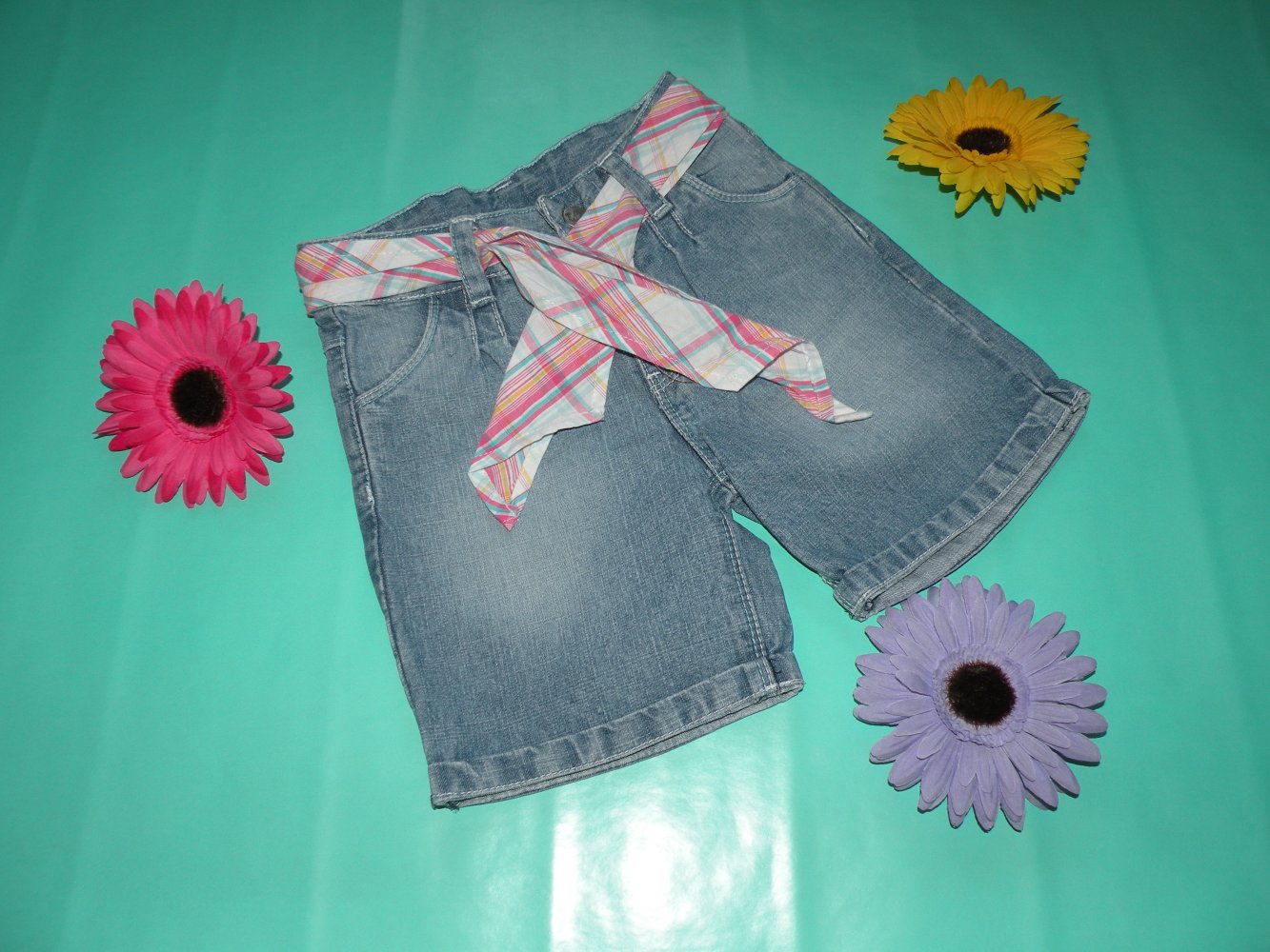 Mädchen Sweet Jeans Shorts Bermudas kurze Hose Topolino Gr 92 kariertes Tuch wie Neu
