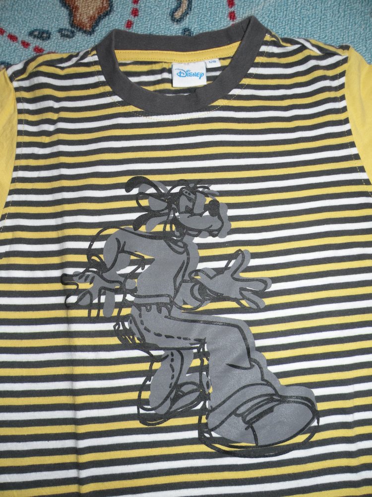 Jungen T-Shirt Disney Goofy Gr. 128 Gelb Grau Weiß geringelt top Zustand