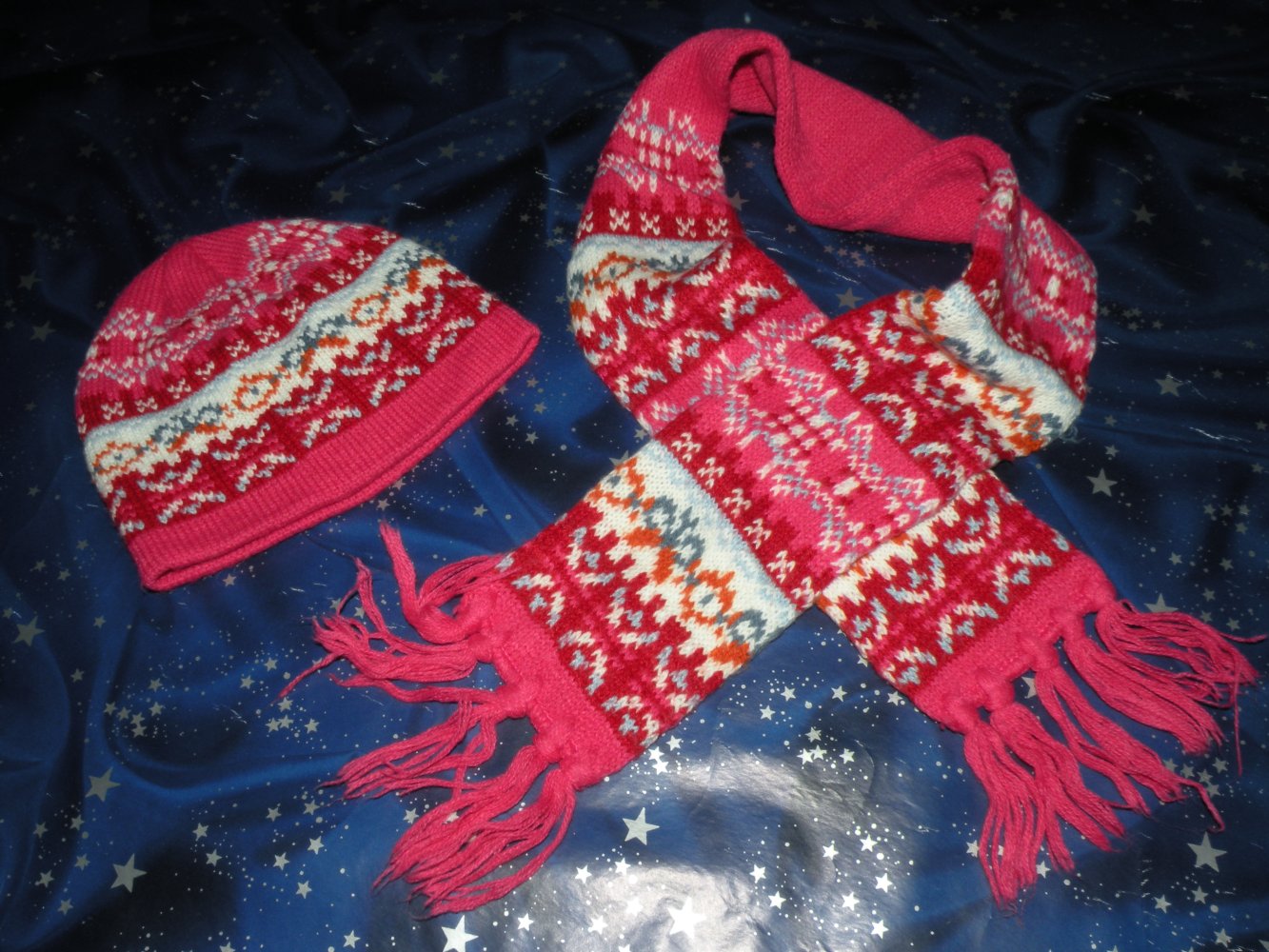 Winter Mütze pink gemustert KU 46 cm plus Schal top Zustand XL Fotos so süss