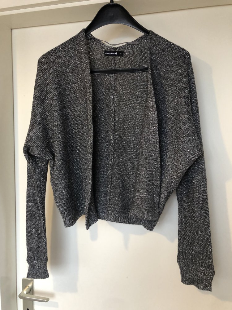 Strickjacke, Strick-Bolero, Jacke in silber-schwarz mit viel Glitzer drin Gr. S 