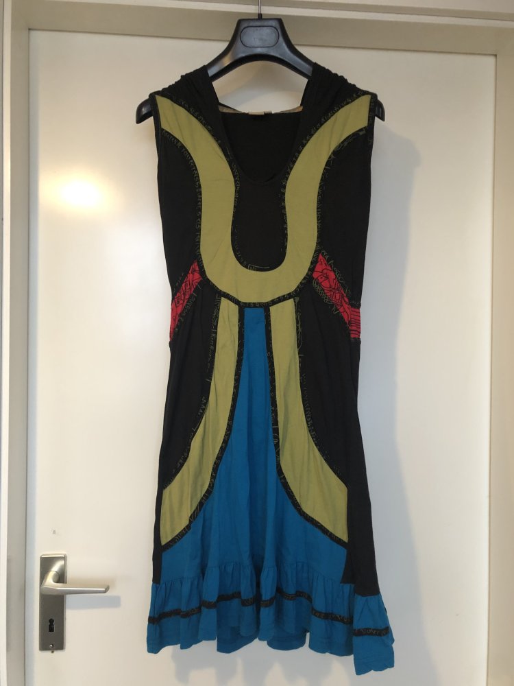 Chapati Jersey Kleid mit Kapuze, Baumwolle schwarz, bunt gemustert, ärmellos, kurzärmlig, GOA-Minikleid