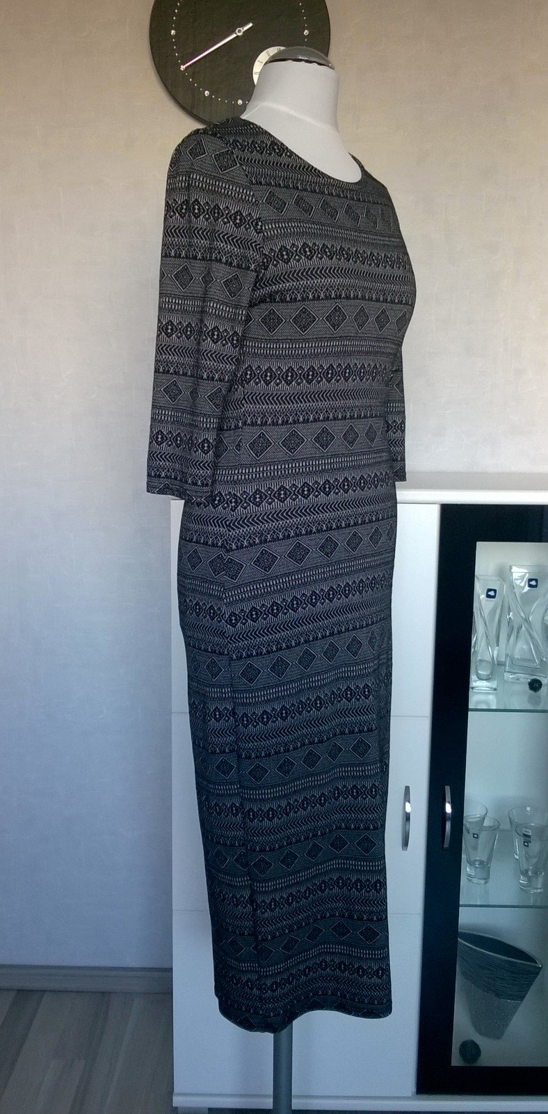 Kleid Maxikleid Stretchkleid ¾-Arm schwarz weiß Muster Gr. S Orsay