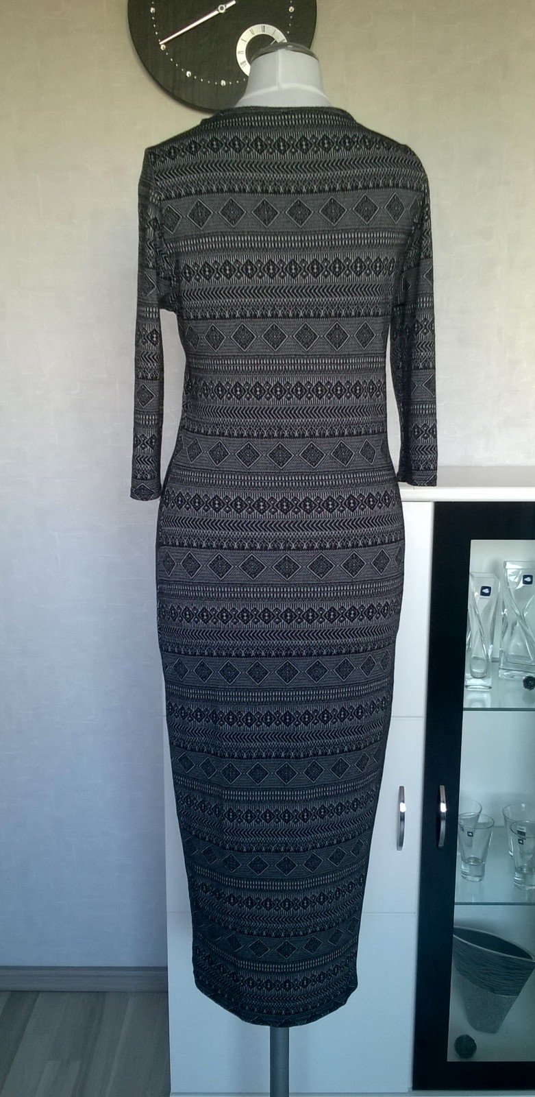 Kleid Maxikleid Stretchkleid ¾-Arm schwarz weiß Muster Gr. S Orsay