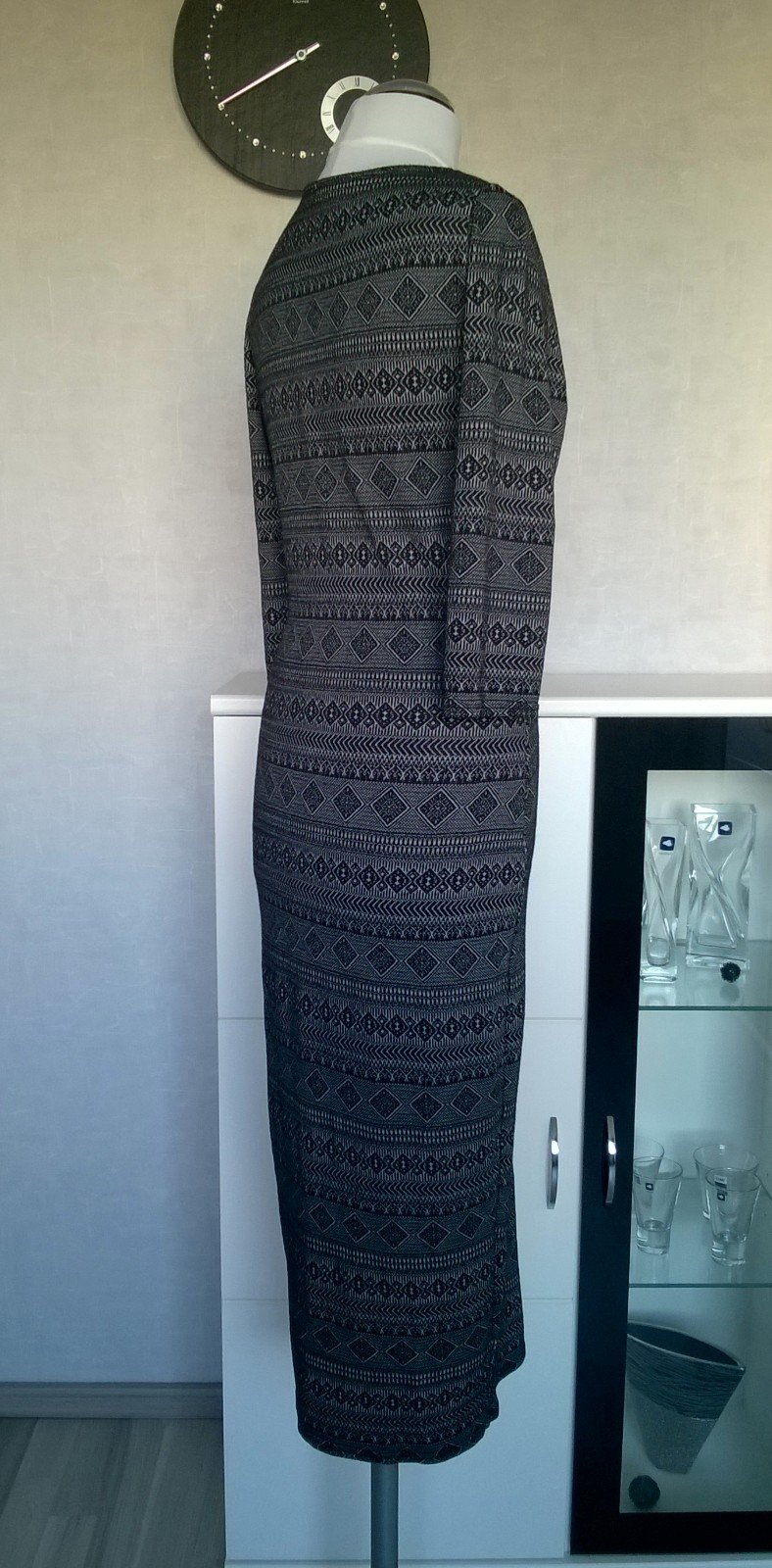 Kleid Maxikleid Stretchkleid ¾-Arm schwarz weiß Muster Gr. S Orsay