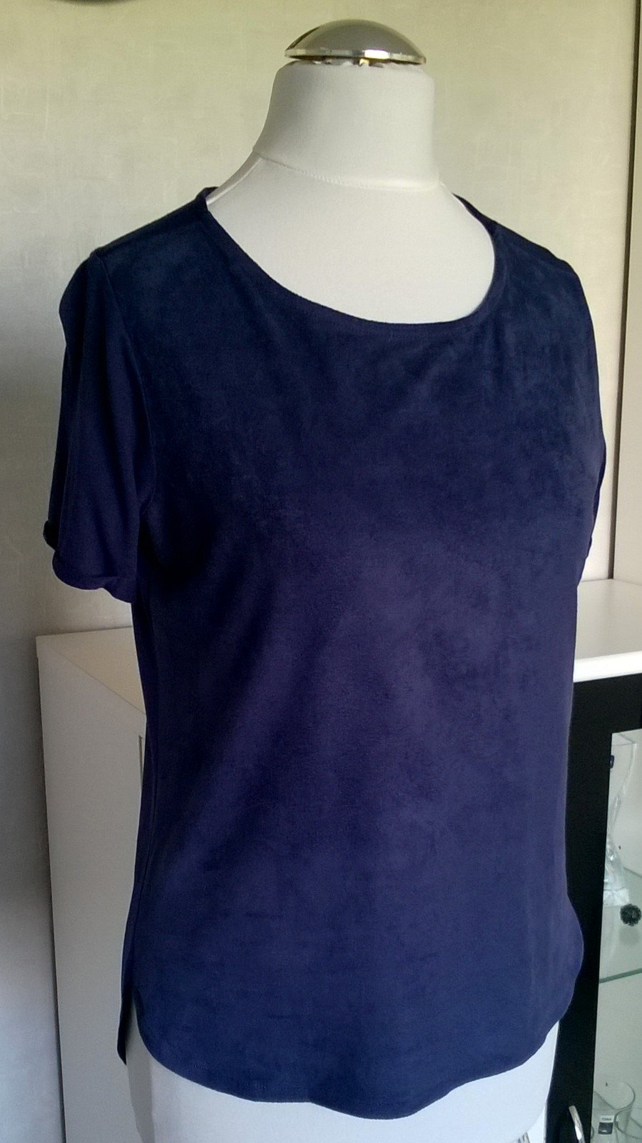 Shirt Top Oberteil Bluse mit Samt Kurzarm dunkelblau Gr. 34 Atmosphere neu