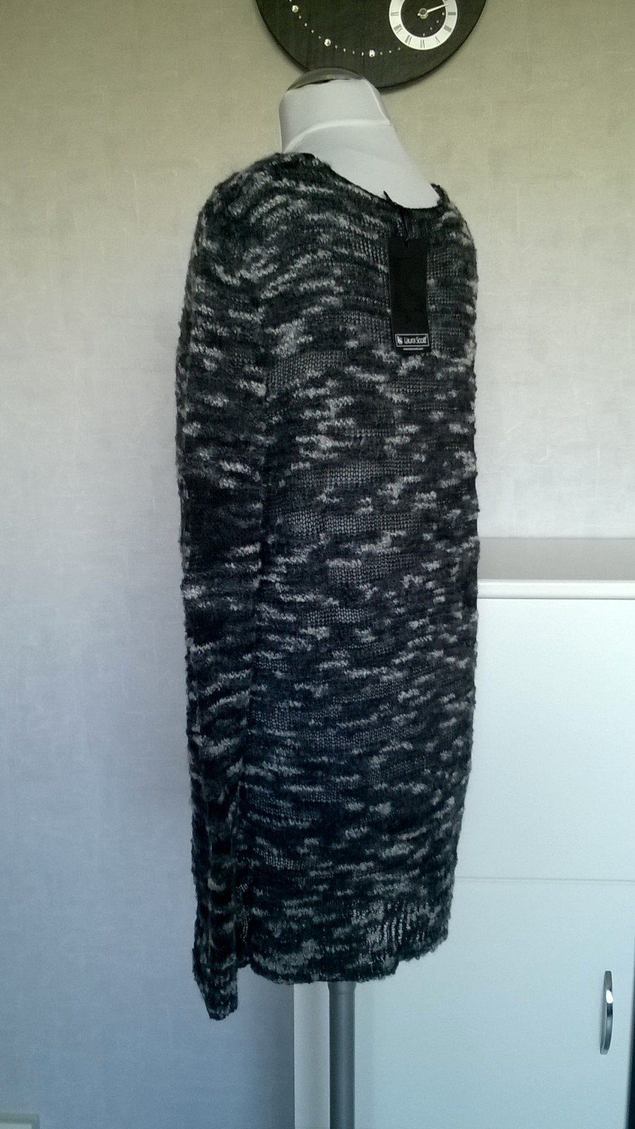 Strickpulli Longpulli Pulli Pullover Longpullover Grobstrick mit Wolle schwarz grau Gr. 36/38 Laura Scott neu mit Etikett