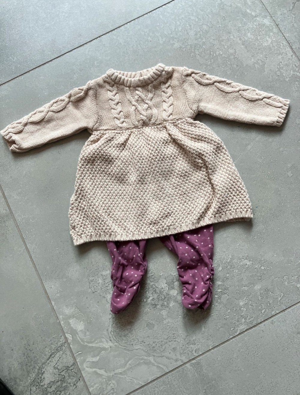 Topomini Strick Set, Kleid und Hose Natur, 62 Zopfmuster Neu