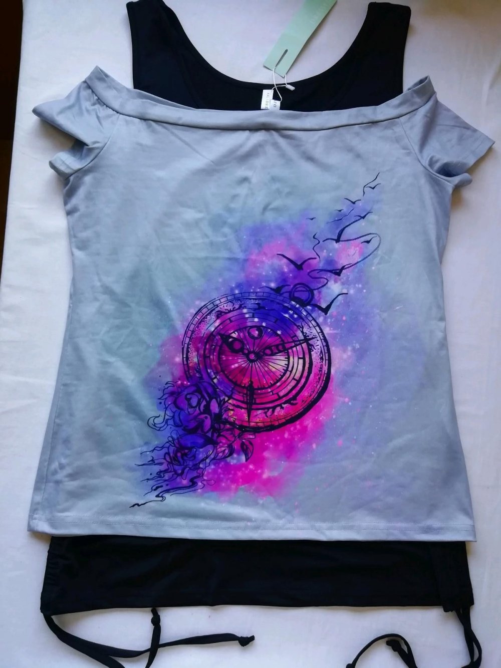 Shirt 2 tlg. Zeit Uhr Time grau schwarz