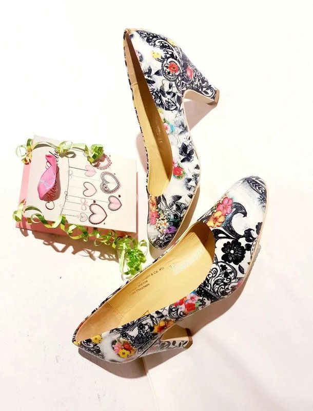 Damenschuhe Designer Pumps Gr. 37 i. bunte Blumen Elegant NEU