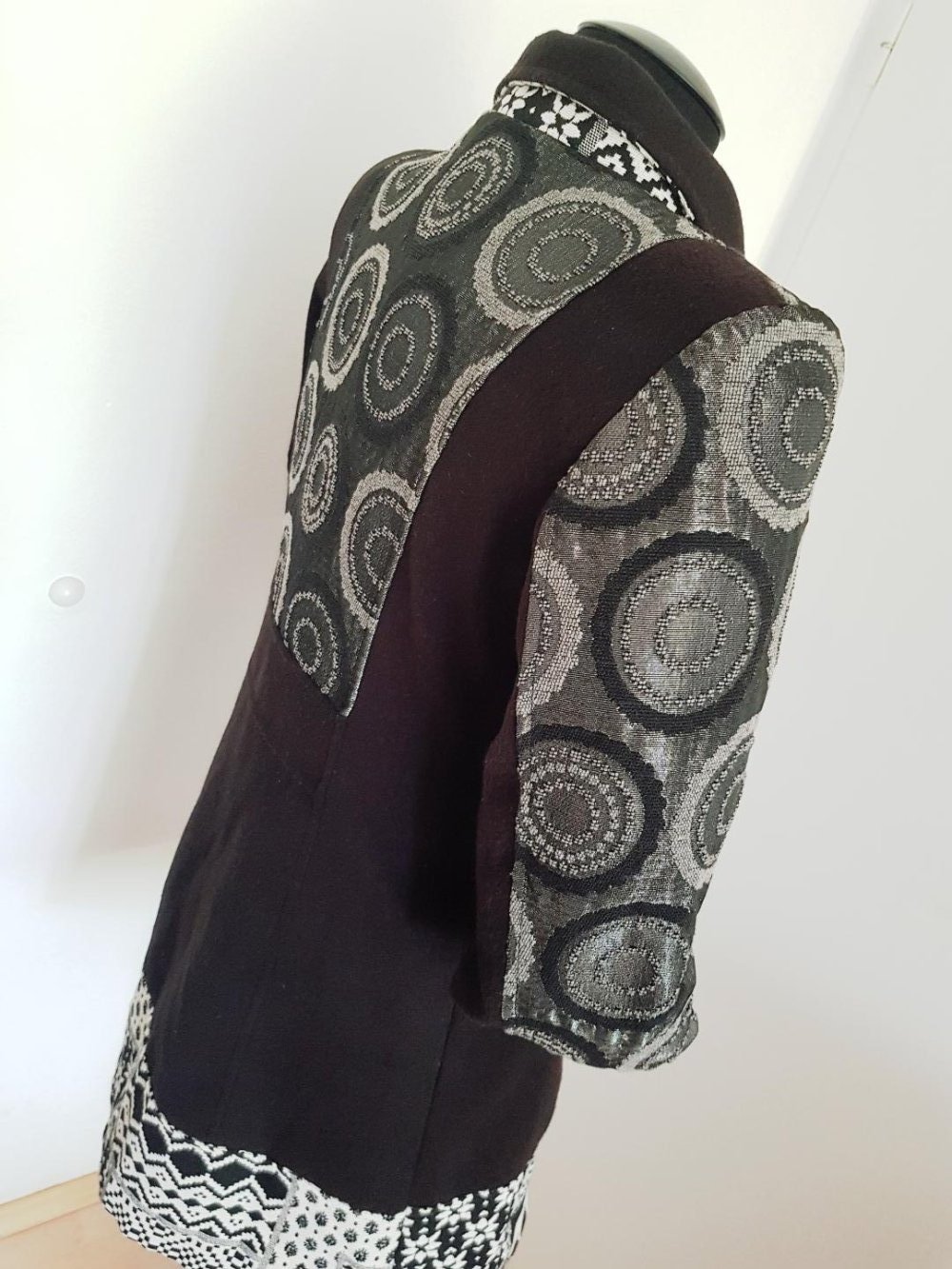 Schwarz-Silber Retro Tweed A-Linien Mantel Gr. XL Top-Zustand