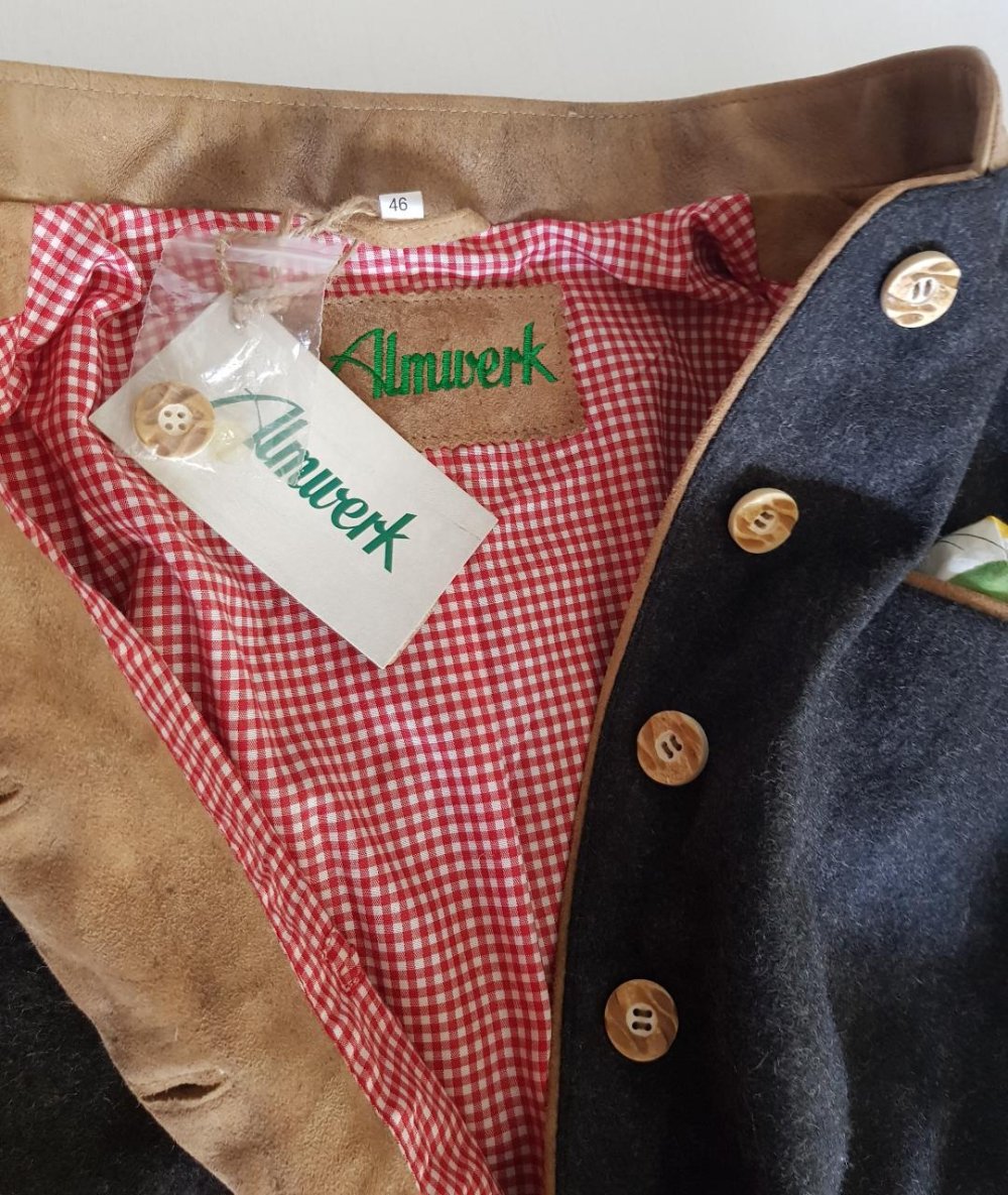 Trachtenjanker - Damen Fa.~Almwerk~ dunkel Wolle, Leder Gr. 46 NEU