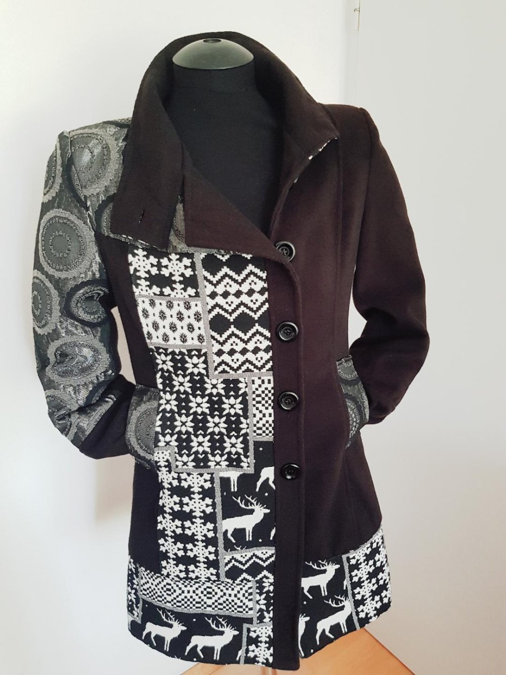 Schwarz-Silber Retro Tweed A-Linien Mantel Gr. XL Top-Zustand