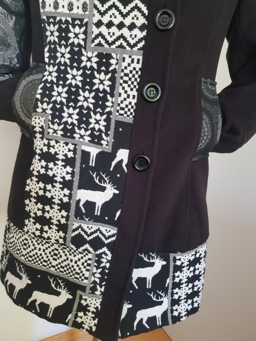 Schwarz-Silber Retro Tweed A-Linien Mantel Gr. XL Top-Zustand