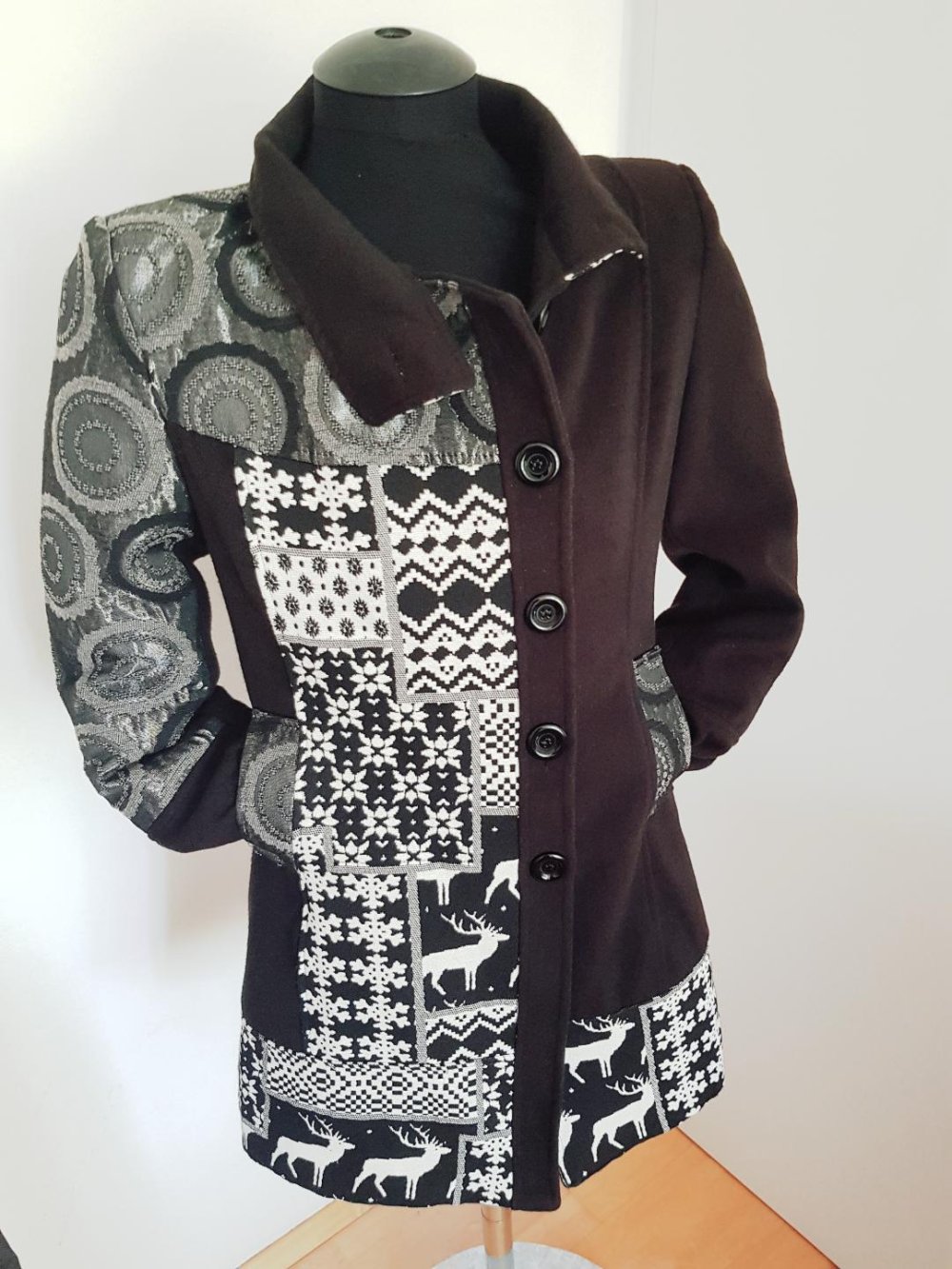 Schwarz-Silber Retro Tweed A-Linien Mantel Gr. XL Top-Zustand