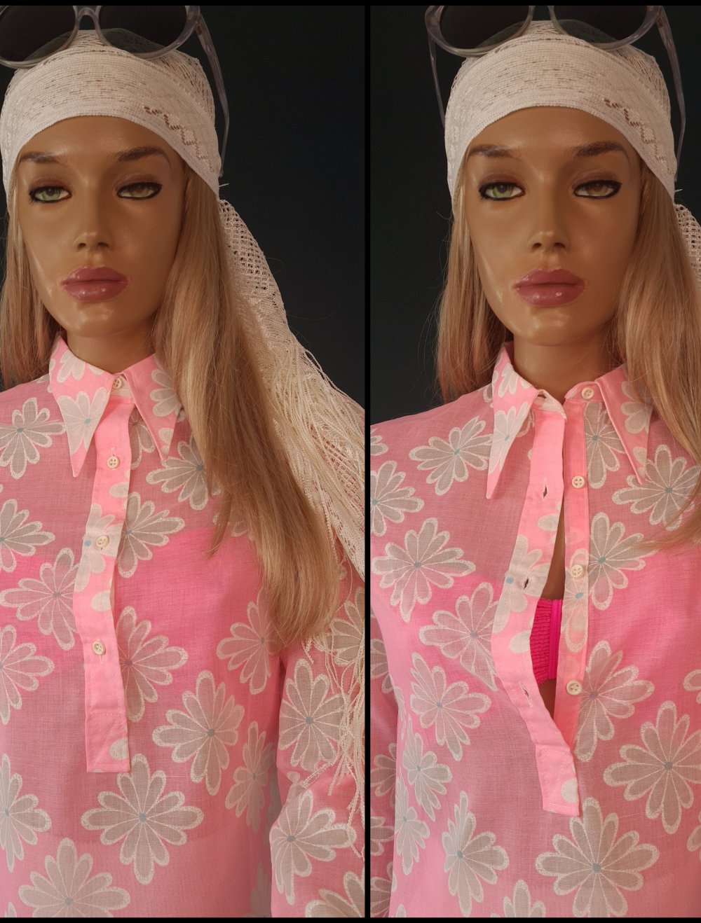 Neu Qupido lci Kleid Strandkleid im 60er Stil leuchtend Rosa transparent Blumen Minikleid