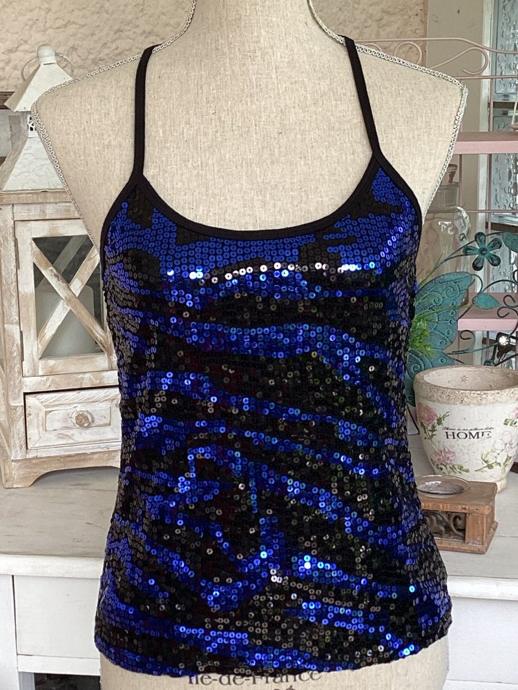 Pailletten Top ,blau /schwarz , Größe S / 36