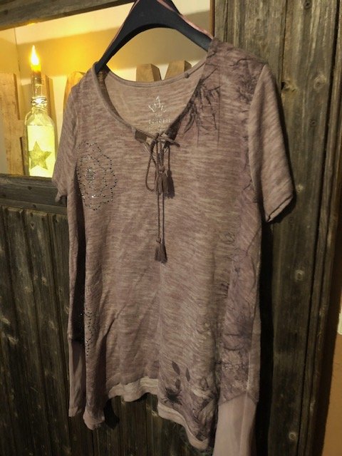 A-förmiges Shirt mit Print, silbernen Steinchen und Chiffon-Einsätzen