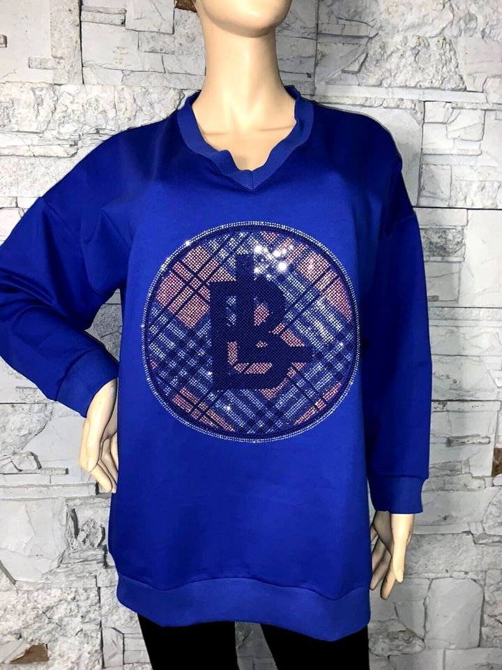 Tunika Long Bluse Sweatshirt  in gr 38-46  Farbe Royalblau  Print Strass  Blink Blink    Neu mit Etikett