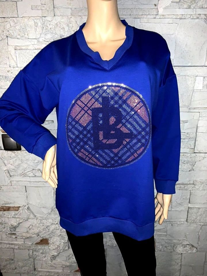Tunika Long Bluse Sweatshirt  in gr 38-46  Farbe Royalblau  Print Strass  Blink Blink    Neu mit Etikett