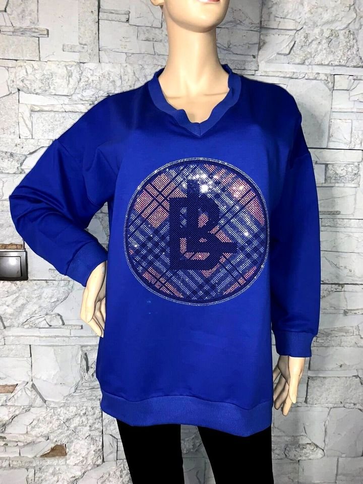 Tunika Long Bluse Sweatshirt  in gr 38-46  Farbe Royalblau  Print Strass  Blink Blink    Neu mit Etikett