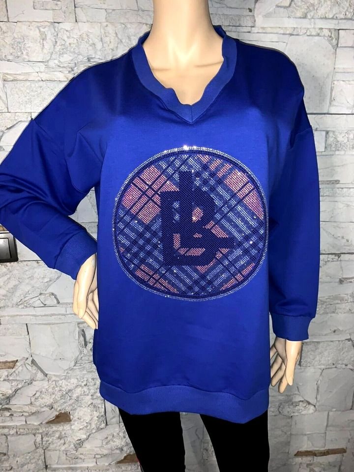Tunika Long Bluse Sweatshirt  in gr 38-46  Farbe Royalblau  Print Strass  Blink Blink    Neu mit Etikett
