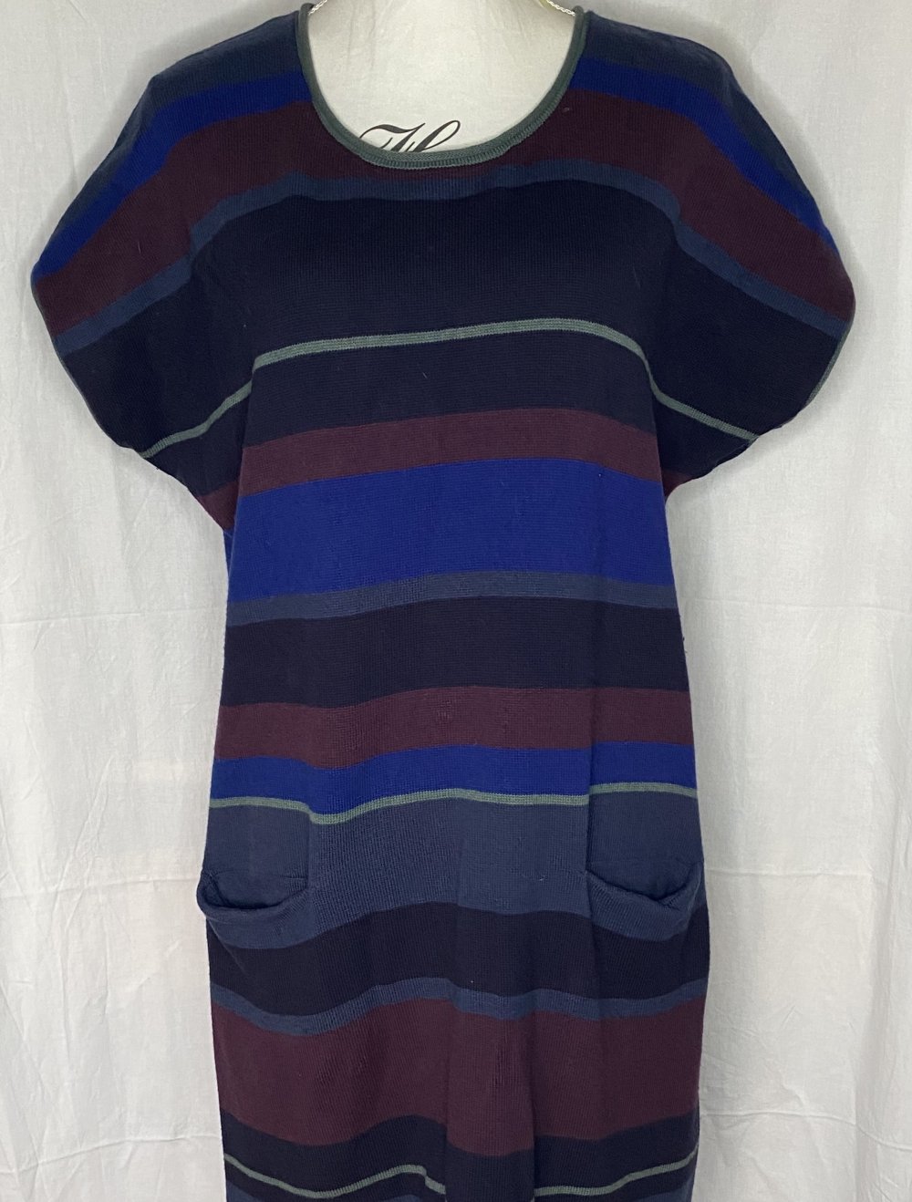 Blau Rot-Lila Grau Gestreiftes Strick T-Shirt Kleid