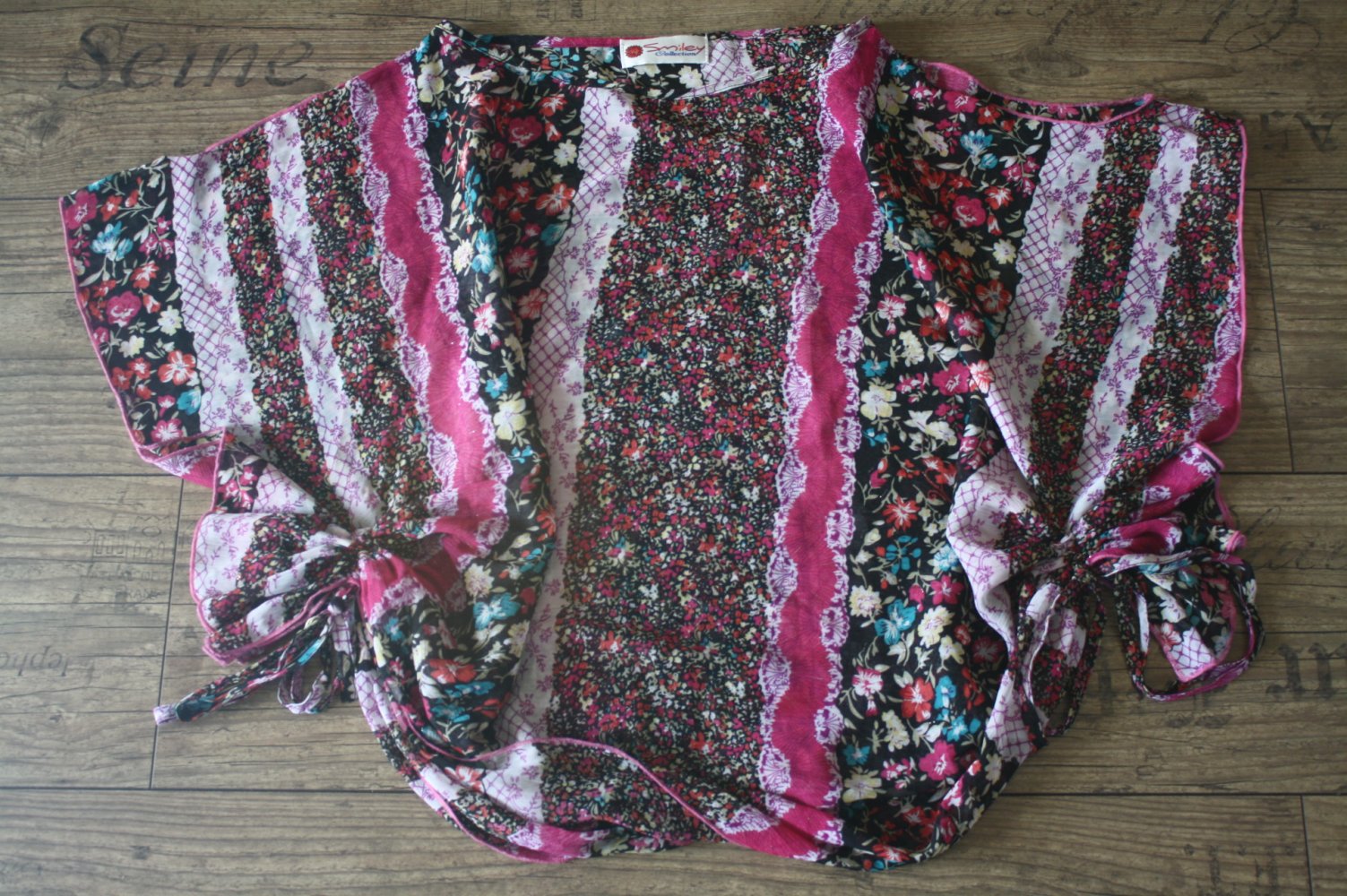 Smiley Collection Tunika bunte Bluse geschnürte Lässige Meshbluse Goa Hippie Ethno Goa 40 42