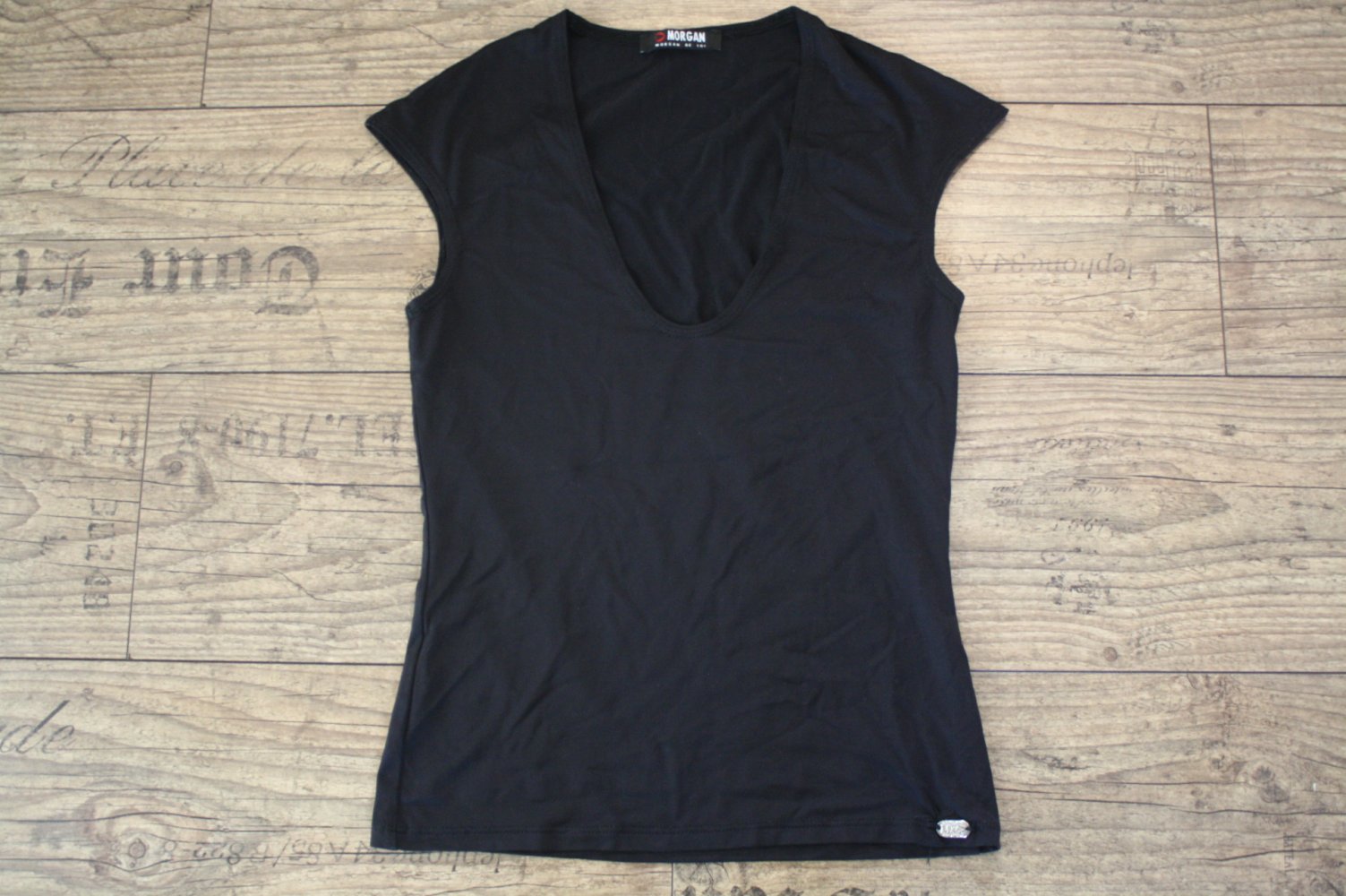 Morgan de Toi tief schwarzes Tshirt Y2k sexy Tshirt leichter Glanz Xs 34