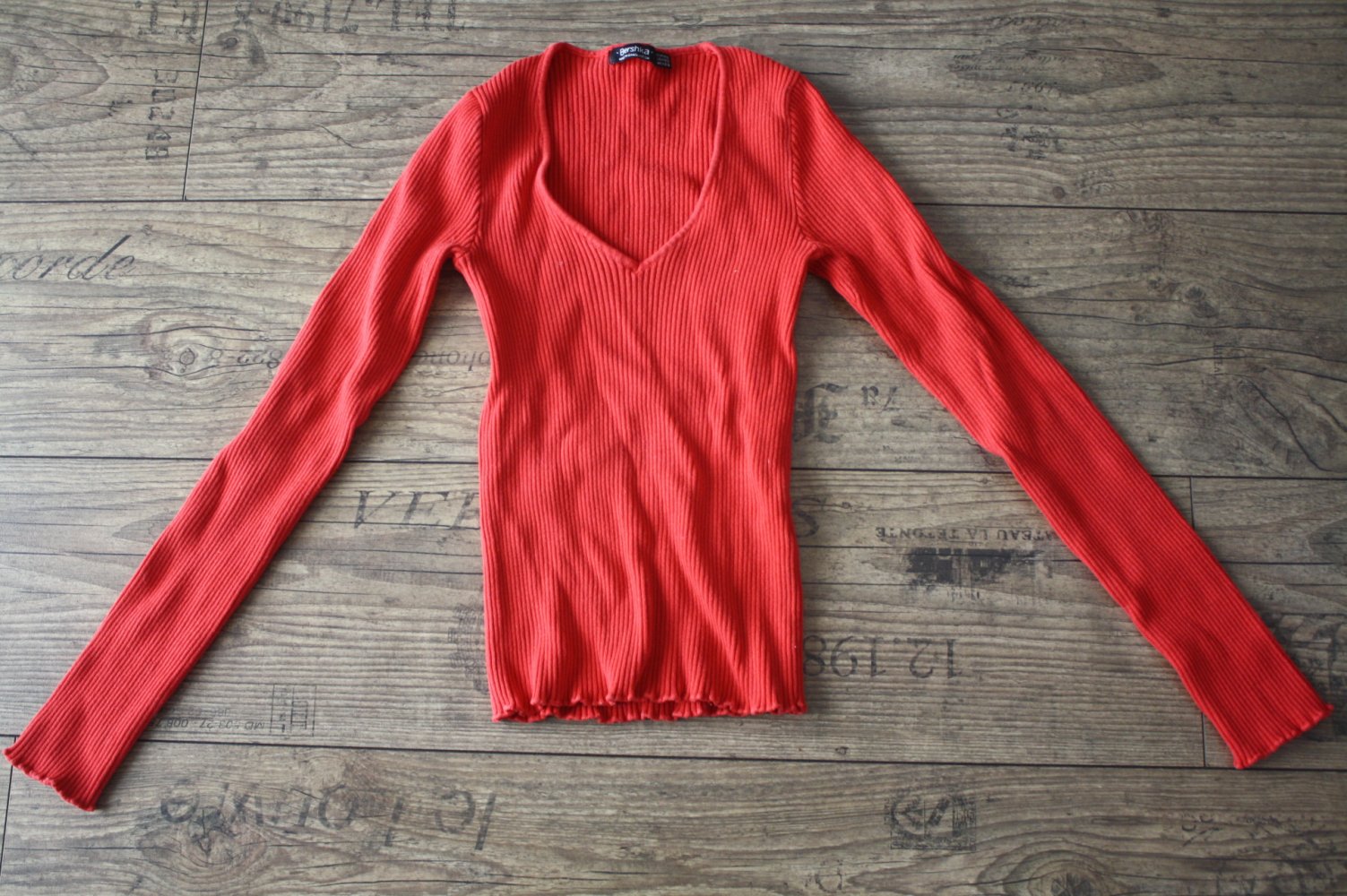 Strickpulli Rippenstrick Langarmshirt Pulli rot gerippt 32 XXS Rippstrick Bershka 