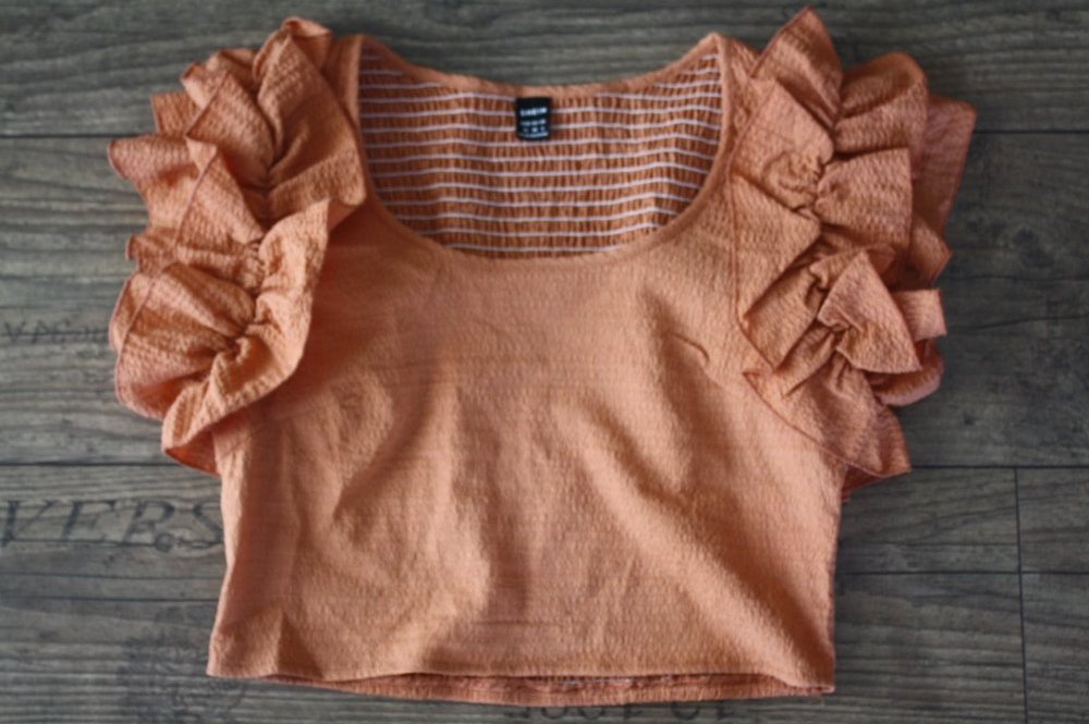 Kupferbraun Top gesmokt Crop Cropped Sommertop Shirt kurzes Croptop M Rüschenärmel Voilantärmel  Coachella Boho