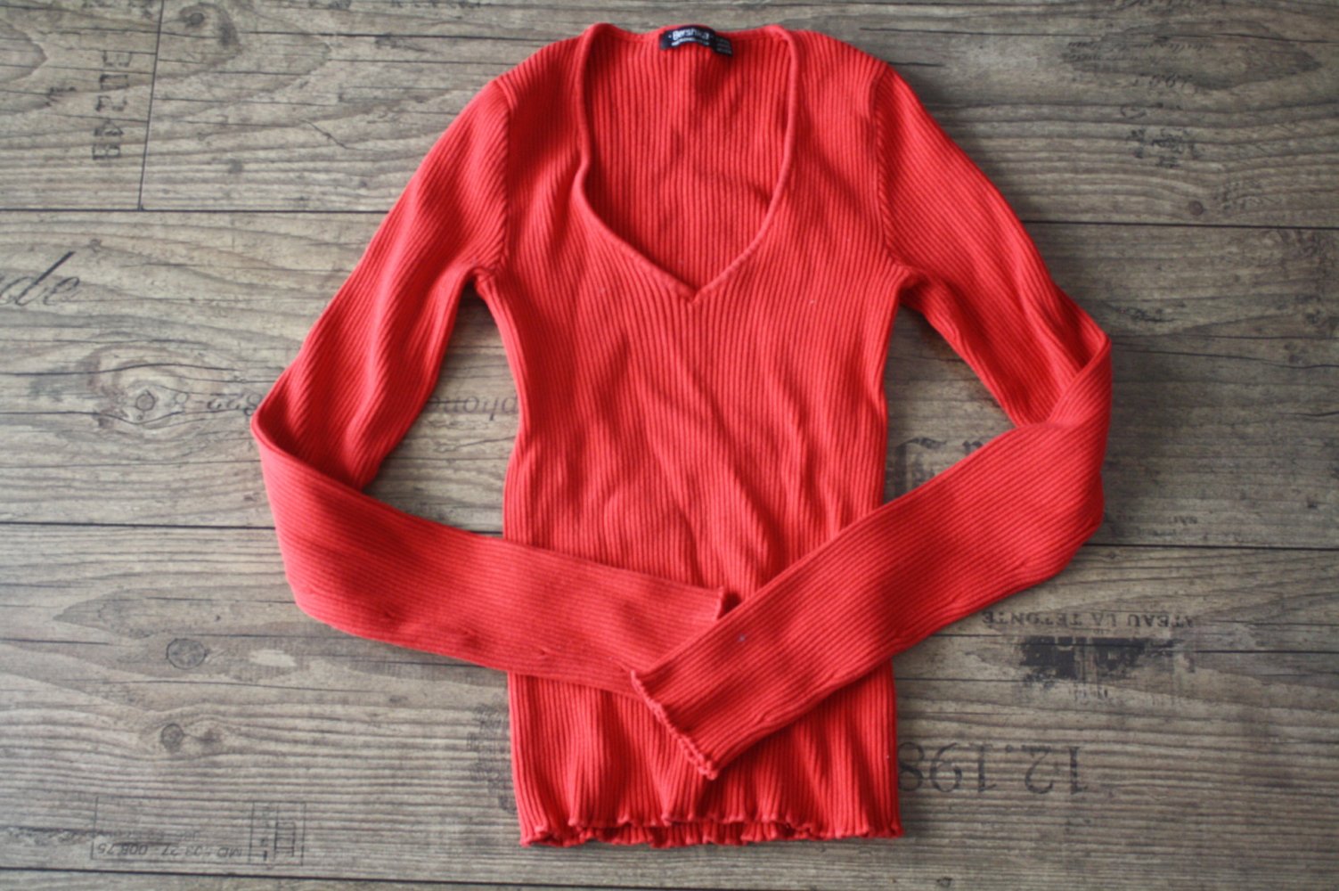 Strickpulli Rippenstrick Langarmshirt Pulli rot gerippt 32 XXS Rippstrick Bershka 