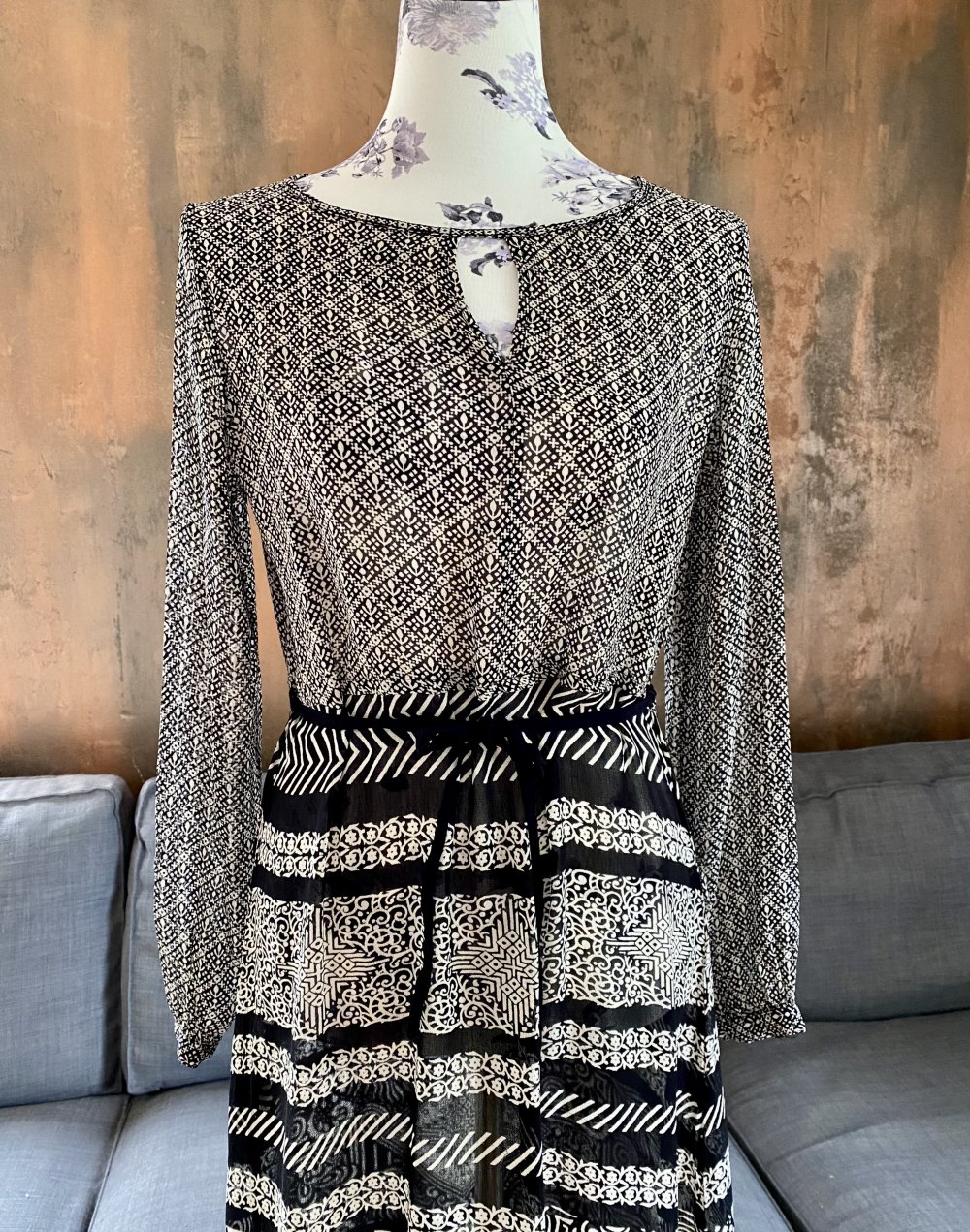 Indiska Midikleid schwarz weiß Muster Größe M 