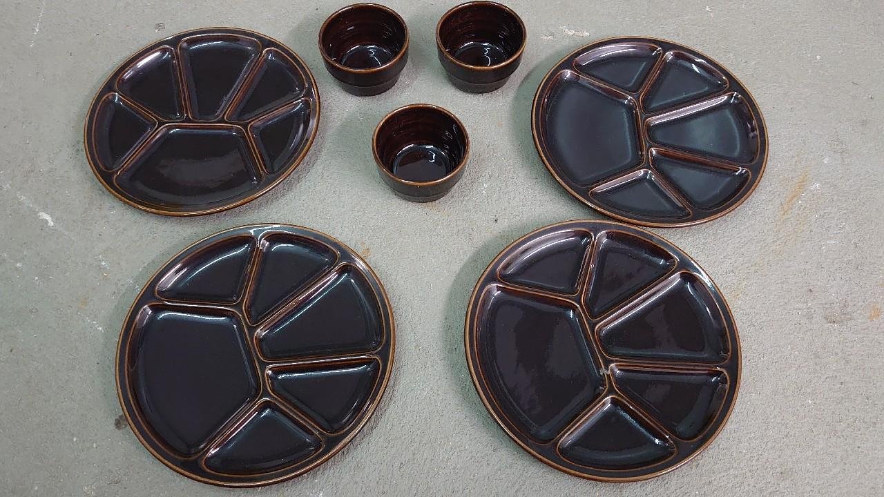 Fondue Teller Tonteller Vintage Varages France 4 Fondue Teller und 3 kleine Tonschüsseln 