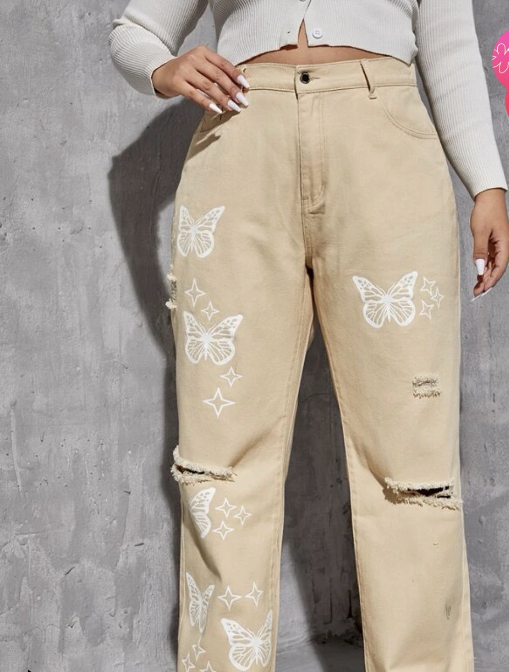 Beige high waisted jeans mit Schmetterlinge