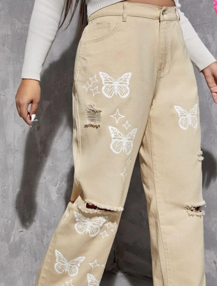 Beige high waisted jeans mit Schmetterlinge