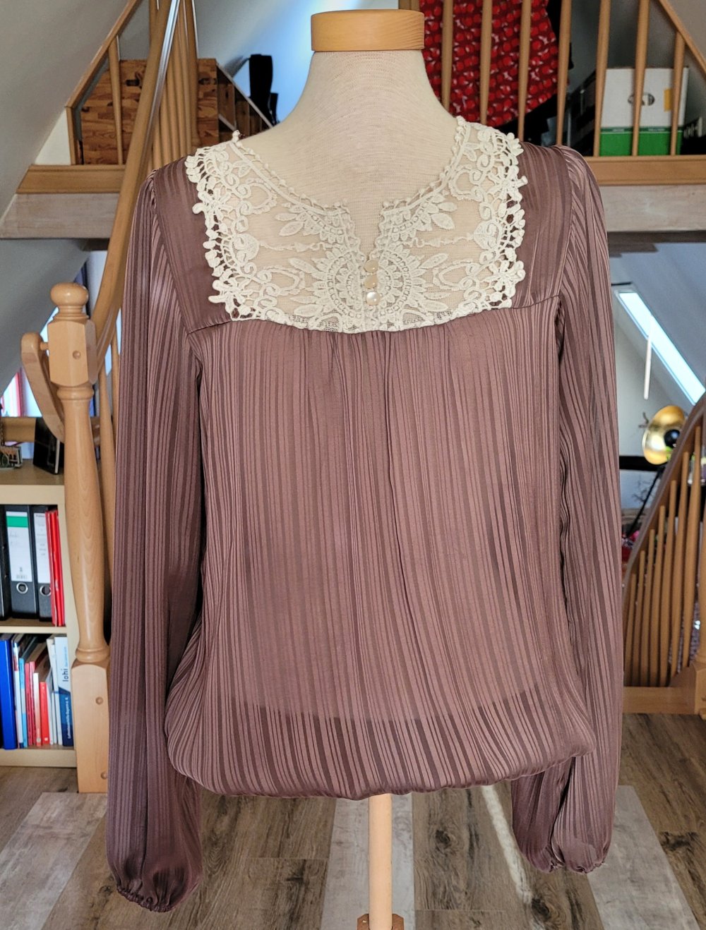 Bluse Chiffon Organza Braun Spitze gestreift