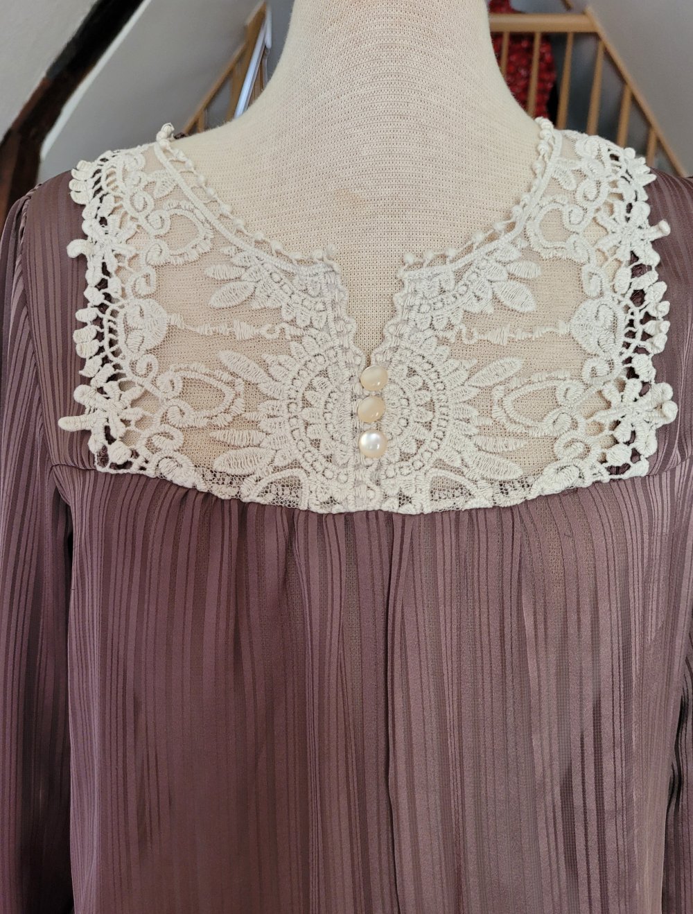 Bluse Chiffon Organza Braun Spitze gestreift